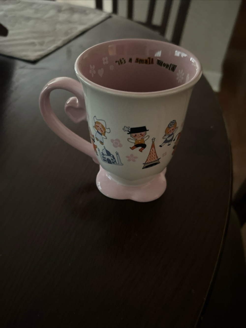 Disney Pink and White Travel-Themed Heart Handle Ceramic Mug it's a small world